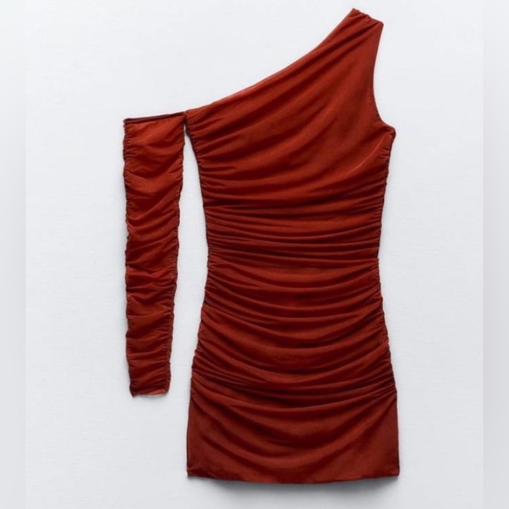 Red Zara Mesh Gathered Dress with Sleeve